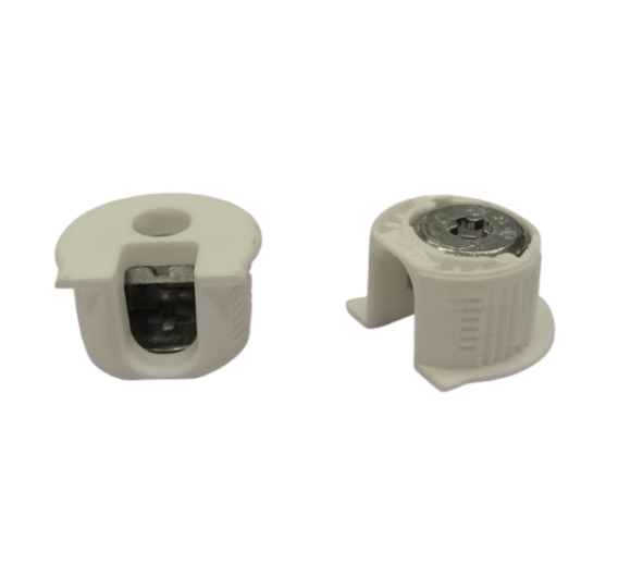 Baldų furnitūra. Baldiniai varžtai. Ekscentrinė sąvarža Raffix 16 mm, balta 