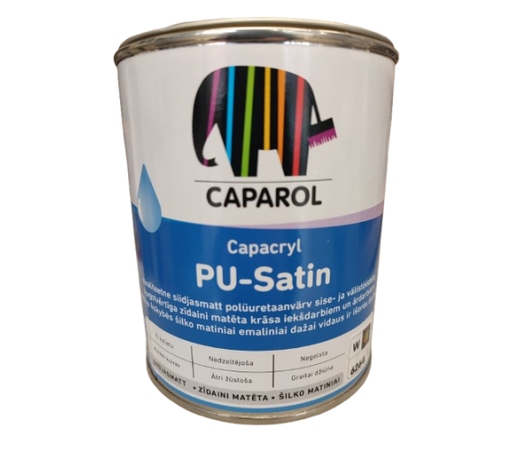 Dažai. Dažai, dažymo įrankiai, dažymo juostos. Emaliniai dažai. Emalė Capacryl PU Satin šilko matinė 0,7l balta 