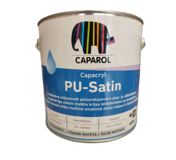 Dažai. Dažai, dažymo įrankiai, dažymo juostos. Emaliniai dažai. Emalė Capacryl PU Satin šilko matinė 2,4l balta 