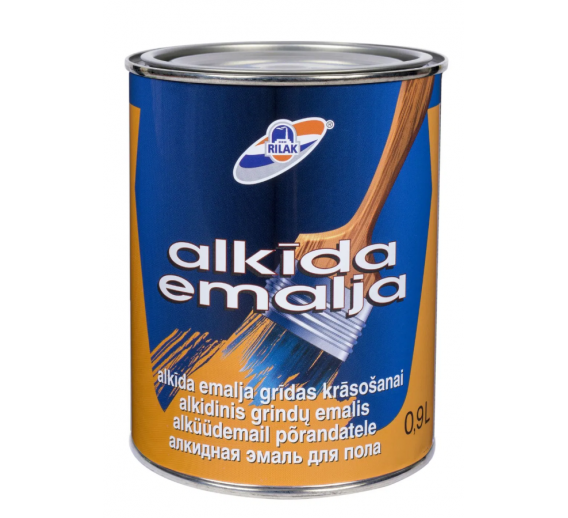 Dažai. Dažai, dažymo įrankiai, dažymo juostos. Grindų dažai. Emalė grindims RILAK ŠVIESIAI RUDAS 0,9l 