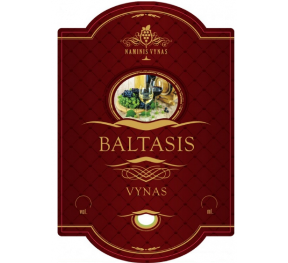 Sodo ir daržo prekės. Vyno gamybos įranga, medžiagos vyno gamybai. Etiketė bordo Baltasis vynas 