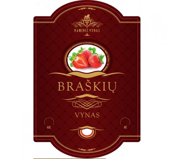 Sodo ir daržo prekės. Vyno gamybos įranga, medžiagos vyno gamybai. Etiketė bordo Braškių vynas 