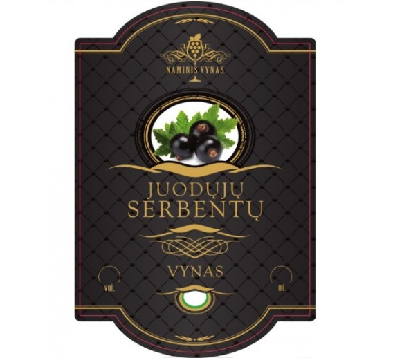 Sodo ir daržo prekės. Vyno gamybos įranga, medžiagos vyno gamybai. Etiketė juoda juodųjų serbentų 