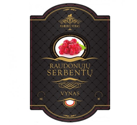 Sodo ir daržo prekės. Vyno gamybos įranga, medžiagos vyno gamybai. Etiketė juoda Raudonųjų serbentų vynas 