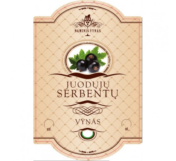 Sodo ir daržo prekės. Vyno gamybos įranga, medžiagos vyno gamybai. Etiketė kreminė juodųjų serbentų vynas 
