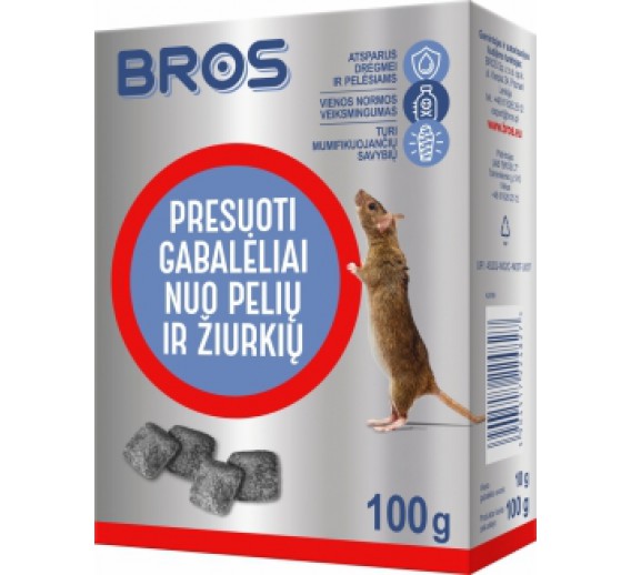 Sodo ir daržo prekės. Priemonės prieš kenkėjus. Priemonės prieš žiurkes, peles ir kurmius. Gabalėliai nuo pelių ir žiurkių BROS, 100 g 