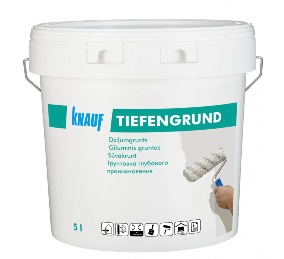 Dažai. Glaistas, gruntas, klijai, skiedikliai. Gruntai. Gruntas betonui, plokštėms. Giluminis gruntas Knauf Tiefengrund 5l