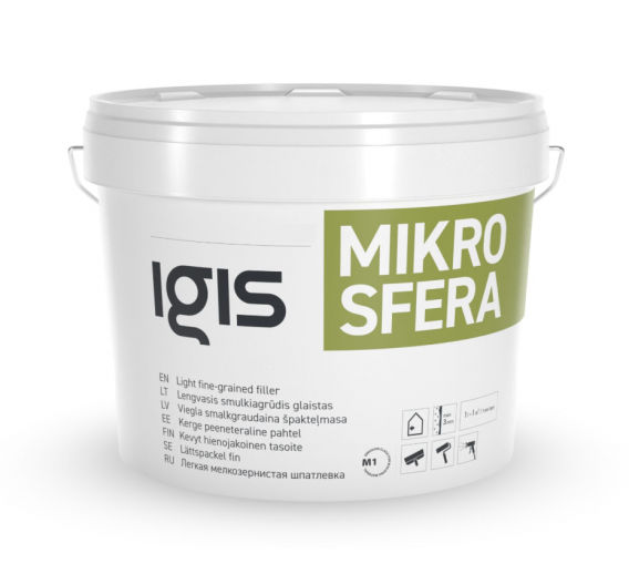 Dažai. Glaistas, gruntas, klijai, skiedikliai. Glaistai. Statybinis glaistas. Glaistas IGIS MIKROSFERA 3l kibirėlis 