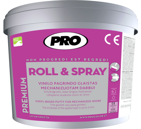 Dažai. Glaistas, gruntas, klijai, skiedikliai. Glaistai. Statybinis glaistas. Glaistas PRO ROLL   SPRAY 28 kg 