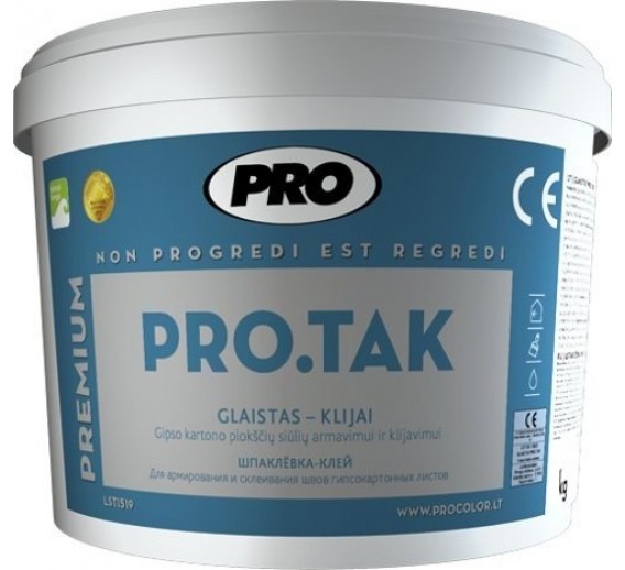 Dažai. Glaistas, gruntas, klijai, skiedikliai. Glaistai. Specialios paskirties glaistas. Glaistas PRO.TAK gipso kartono plokščių siūlėms 1.5 kg 