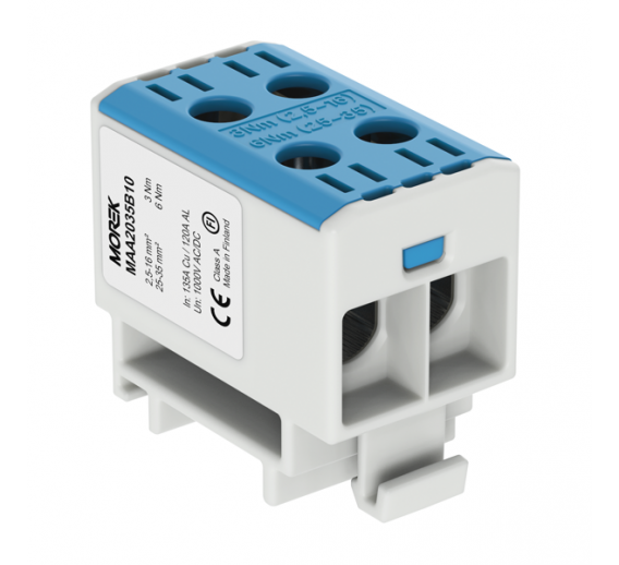 Elektros prekės. Laidai ir kabeliai. Kabelių priedai, jungtys. Gnybtai, įvairios laidų ir kabelių jungtys. Gnybtas 2x2.5-35mm2 KE65.2, mėlynas 