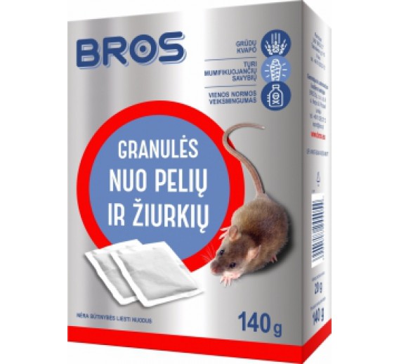 Sodo ir daržo prekės. Priemonės prieš kenkėjus. Priemonės prieš žiurkes, peles ir kurmius. Granulės nuo pelių ir žiurkių BROS 140 g 