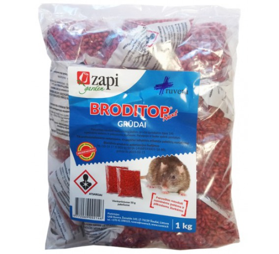 Sodo ir daržo prekės. Priemonės prieš kenkėjus. Priemonės prieš žiurkes, peles ir kurmius. Graužikų nuodai BRODITOP grūdai, 1kg 