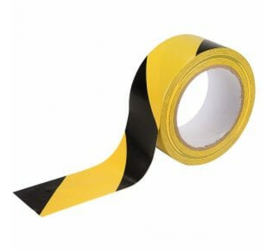 Darbo saugos prekės. Saugos ženklai, aptvėrimo juostos. Grindų žymėjimo juosta lipni juoda/geltona 50mmx33m 