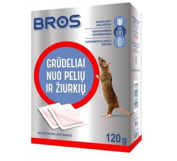 Sodo ir daržo prekės. Priemonės prieš kenkėjus. Priemonės prieš žiurkes, peles ir kurmius. Grūdeliai nuo pelių ir žiurkių BROS, 120 g