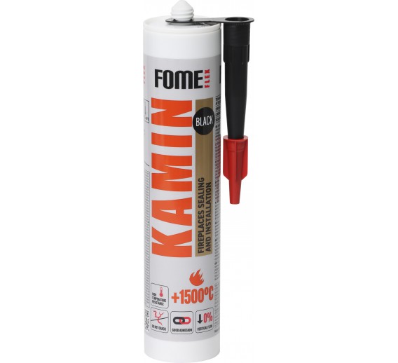 Vidaus apdailos prekės. Hermetikai, montavimo putos, sandarinimo juostos. Silikoniniai hermetikai. Hermetikas karščiui atsparus juodas 1500C Kamin Fome Flex 300ml 