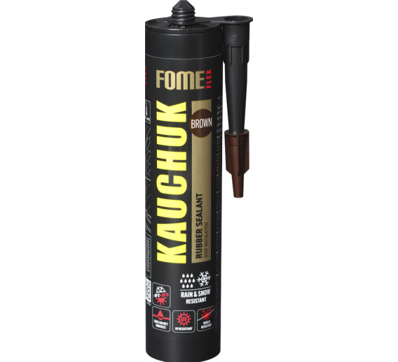 Vidaus apdailos prekės. Hermetikai, montavimo putos, sandarinimo juostos. Kiti hermetikai. Hermetikas kaučiukinis rudas, Kauchuk Fome Flex 300ml 