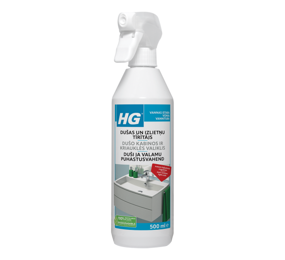 Švaros prekės. Buitinė chemija, valikliai. HG Dušo kabinų ir kriauklių valiklis 500 ml.