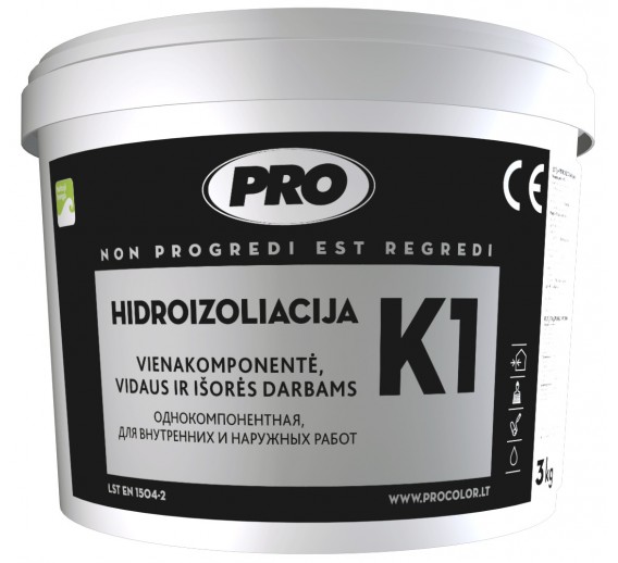 Statybinės medžiagos. Hidroizoliacinės medžiagos. Hidroizoliacinės mastikos ir mišiniai. Hidroizoliacija PRO K1 3 kg 