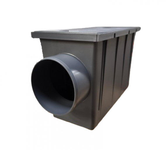 Statybinės medžiagos. Stogo dangos. Lietaus nuvedimo sistemos. Plastikiniai lietvamzdžiai. Horizontalus lietaus surinkimo trapas pilkas