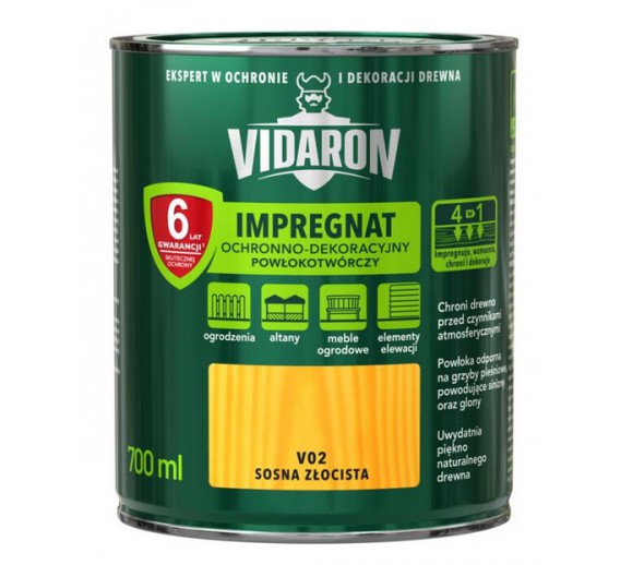 Dažai. Medienos apsaugos ir dekoravimo priemonės. Impregnantai. Impregnantas VIDARON Auksinė pušis V02, 0,7l 
