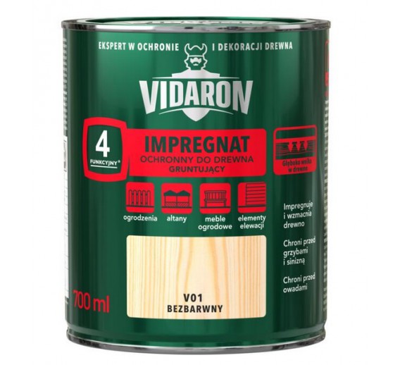 Dažai. Medienos apsaugos ir dekoravimo priemonės. Impregnantai. Impregnantas VIDARON bespalvis V01, 0,7l 