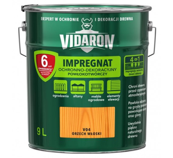 Dažai. Medienos apsaugos ir dekoravimo priemonės. Impregnantai. Impregnantas VIDARON Italijos riešutas V04, 9l 