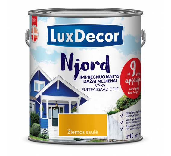 Dažai. Medienos apsaugos ir dekoravimo priemonės. Medienos dažai ir dažyvės. Dažai medienai. Impregnuojantys dažai medienai NJORD, žiemos saulė, 2,5L 