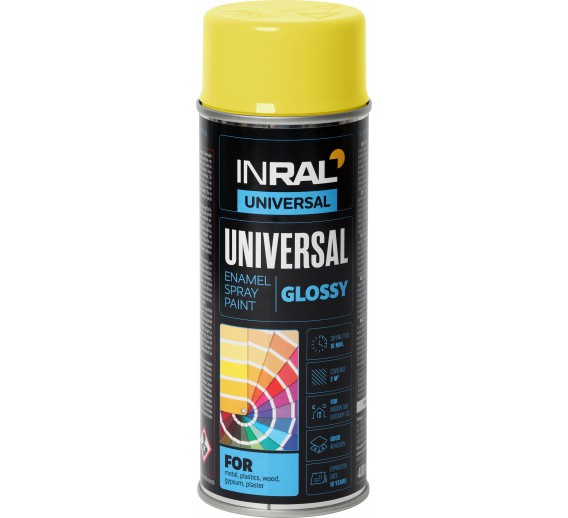 Dažai. Dažai, dažymo įrankiai, dažymo juostos. Aerozoliniai dažai, lakas, gruntas. INRAL UNIVERSAL geltoni RAL 1018 400ml dažai 