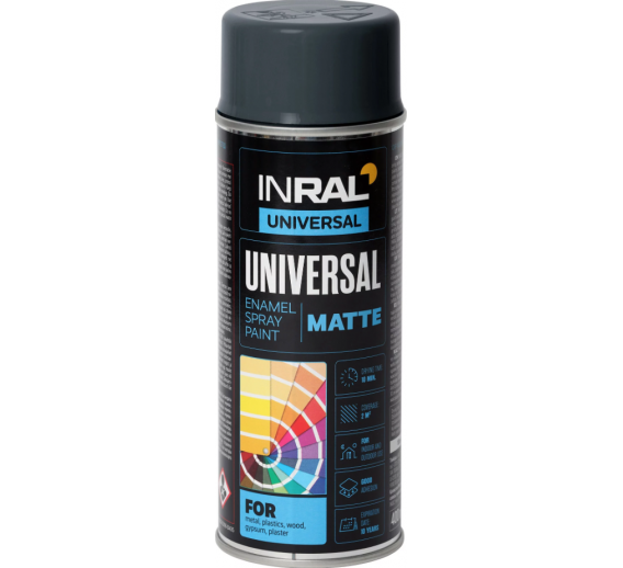 Dažai. Dažai, dažymo įrankiai, dažymo juostos. Aerozoliniai dažai, lakas, gruntas. INRAL UNIVERSAL matiniai RAL 7016 dažai 400 ml.