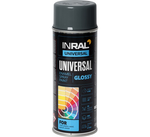 Dažai. Dažai, dažymo įrankiai, dažymo juostos. Aerozoliniai dažai, lakas, gruntas. INRAL UNIVERSAL pilki  RAL 7024 400ml dažai 