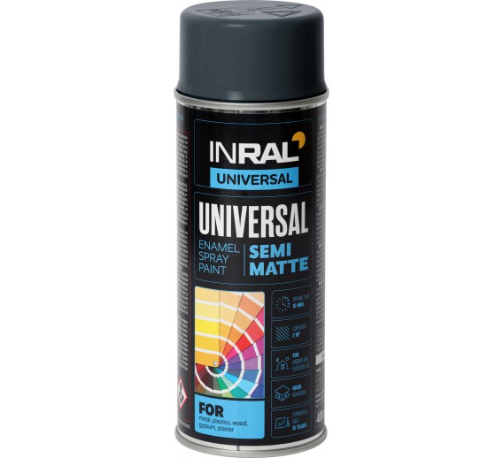 Dažai. Dažai, dažymo įrankiai, dažymo juostos. Aerozoliniai dažai, lakas, gruntas. INRAL UNIVERSAL pusiau matiniai, RAL 7016, dažai 400 ml. 