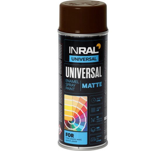 Dažai. Dažai, dažymo įrankiai, dažymo juostos. Aerozoliniai dažai, lakas, gruntas. INRAL UNIVERSAL matiniai, RAL 8017, dažai 400 ml.