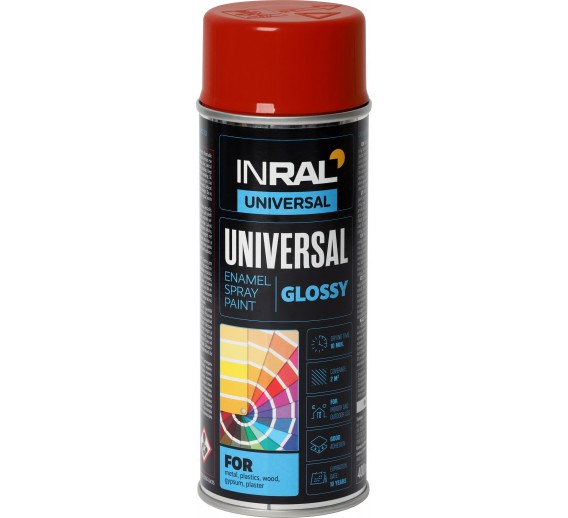 Dažai. Dažai, dažymo įrankiai, dažymo juostos. Aerozoliniai dažai, lakas, gruntas. INRAL UNIVERSAL raudoni RAL3002 aeroz. 400ml 