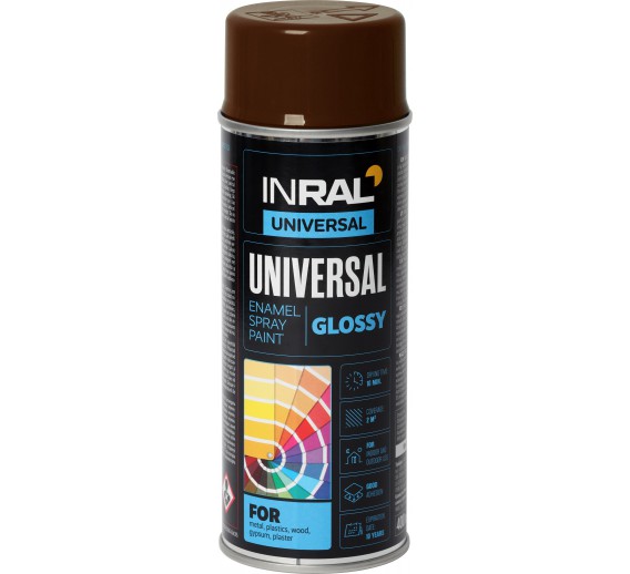 Dažai. Dažai, dažymo įrankiai, dažymo juostos. Aerozoliniai dažai, lakas, gruntas. INRAL UNIVERSAL rudi RAL8016 aeroz.400ml 