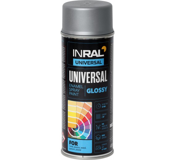 Dažai. Dažai, dažymo įrankiai, dažymo juostos. Aerozoliniai dažai, lakas, gruntas. INRAL UNIVERSAL sidabrinis chromas RAL 9006 400ml 