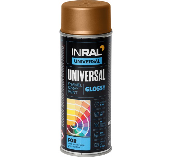 Dažai. Dažai, dažymo įrankiai, dažymo juostos. Aerozoliniai dažai, lakas, gruntas. INRAL UNIVERSAL vario spalva RAL8029 aeroz.400ml 