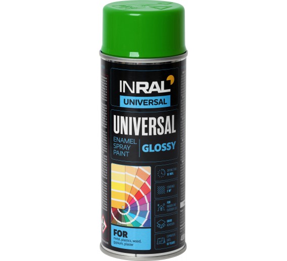 Dažai. Dažai, dažymo įrankiai, dažymo juostos. Aerozoliniai dažai, lakas, gruntas. INRAL UNIVERSAL žali RAL6029 aeroz.400ml 