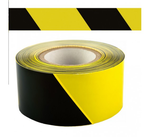 Darbo saugos prekės. Saugos ženklai, aptvėrimo juostos. Įspėjamoji juosta juoda - geltona 75mm x 250m 