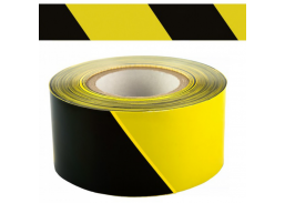 Darbo saugos prekės. Saugos ženklai, aptvėrimo juostos. Įspėjamoji juosta juoda - geltona 75mm x 250m
