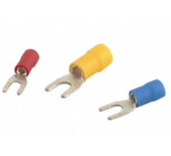 Elektros prekės. Laidai ir kabeliai. Kabelių priedai, jungtys. Gnybtai, įvairios laidų ir kabelių jungtys. Jungtis šakutė laidui 3.7mm 0.5-1.5 mm2 raudona 