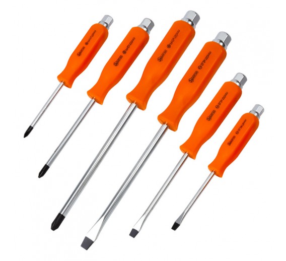 Darbo įrankiai. Mechaniniai įrankiai. Atsuktuvai, antgaliai. Atsuktuvai, atsuktuvų rinkiniai. Atsuktuvų rinkiniai. Kalamų atsuktuvų komplektas POLAX 51-063 