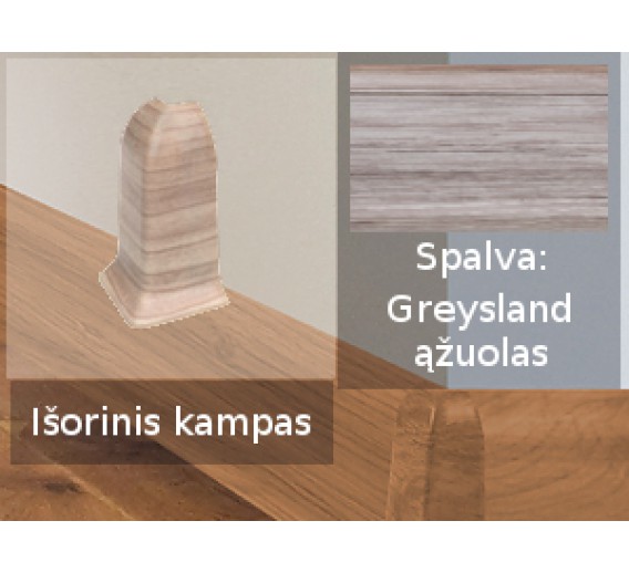 Vidaus apdailos prekės. Apdailos, sujungimo profiliai. Grindjuostės. Izzi grindjuostės, kampai, sujungimai. Kampas SMART FLEX / IZZI išorinis Greysland 2 vnt. 