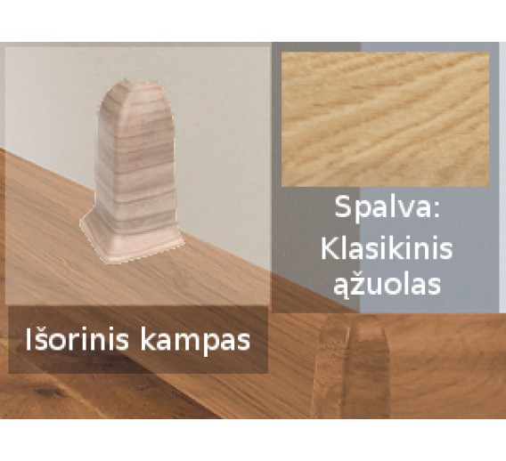 Vidaus apdailos prekės. Apdailos, sujungimo profiliai. Grindjuostės. Izzi grindjuostės, kampai, sujungimai. Kampas SMART FLEX / IZZI, išorinis klasikinis ąžuolas 2 vnt. 