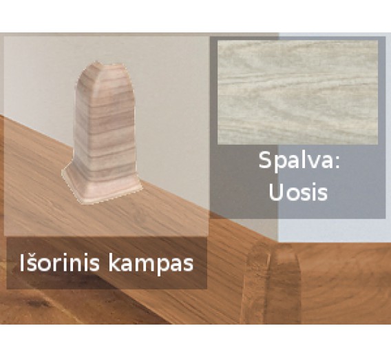 Vidaus apdailos prekės. Apdailos, sujungimo profiliai. Grindjuostės. Izzi grindjuostės, kampai, sujungimai. Kampas SMART FLEX / IZZI išorinis Uosis 2 vnt. 