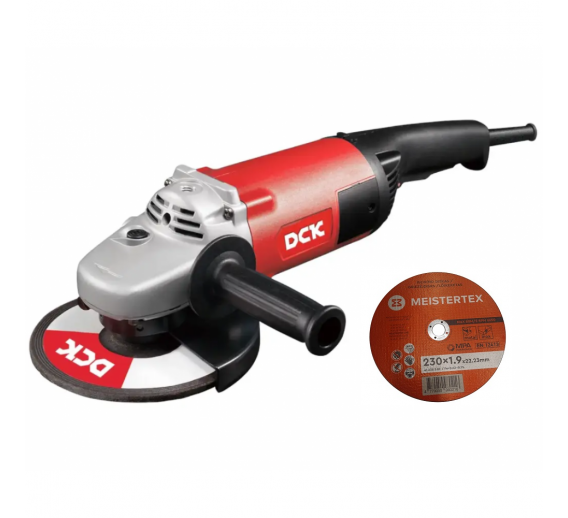 Darbo įrankiai. Elektriniai ir akumuliatoriniai įrankiai. Kampiniai šlifuokliai ir priedai. Kampinis šlifuoklis DCK 230mm 2600W 6/8-KSM230SH+Metalo pjovimo diskas MEISTERTEX 230x1,9x22,23 mm