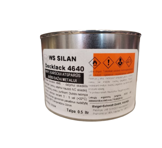Dažai. Dažai, dažymo įrankiai, dažymo juostos. Specialios paskirties dažai. Karščiui atsparūs dažai WS SILAN Decklack 4640, 0.5L 