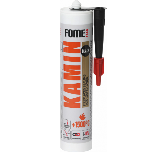 Vidaus apdailos prekės. Hermetikai, montavimo putos, sandarinimo juostos. Silikoniniai hermetikai. Karščiui atsparus hermetikas juodas Fome Flex 1500 C 