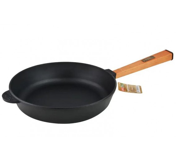Namų apyvokos prekės. Indai, virtuvės reikmenys ir įrankiai. Keptuvės. Keptuvė ketaus su medine rankena 280x55mm 