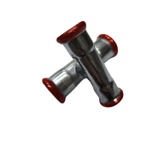 Santechnikos prekės. Vamzdynų sistemos. Vamzdžių sujungimo detalės. Cinkuotas, presuojamas plienas. Keturšakis RM 22x18